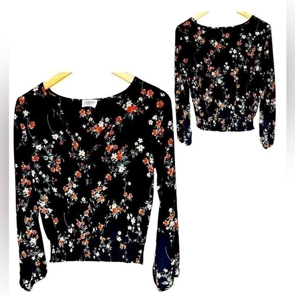 Sienna Sky Tops - Sienna Sky Black, Floral Print Semi-Sheer Top, Size Medium